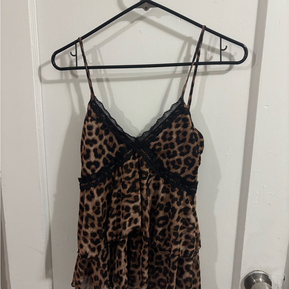 Leopard Print Tank Top with Black Lace Trim